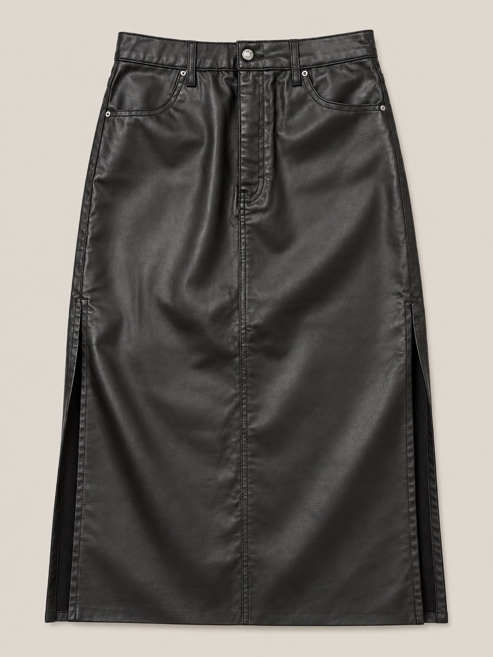 Topshop Black Coated Denim Midi Skirt Side Slits NWT US 6 UK 10